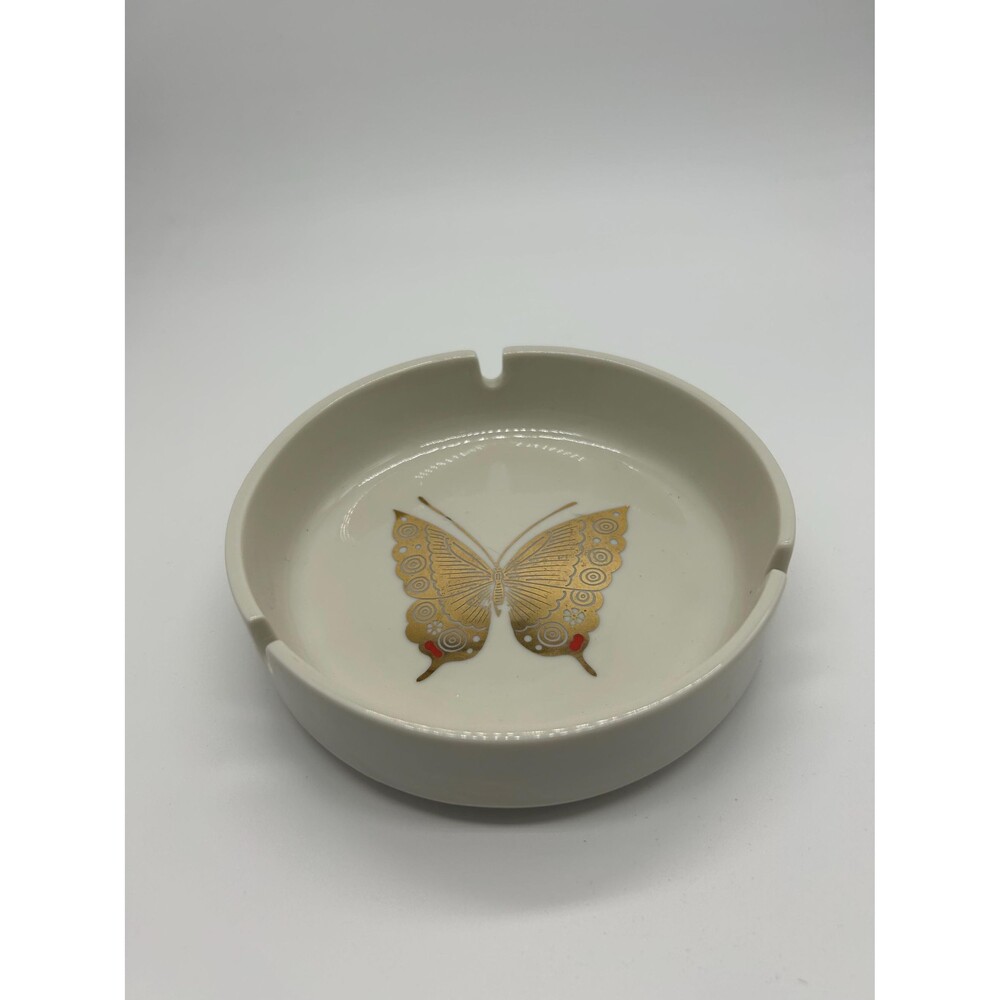 Vintage MCM Gold Butterfly Circular Ceramic Ashtray Home Decor Retro 60’s 70’s